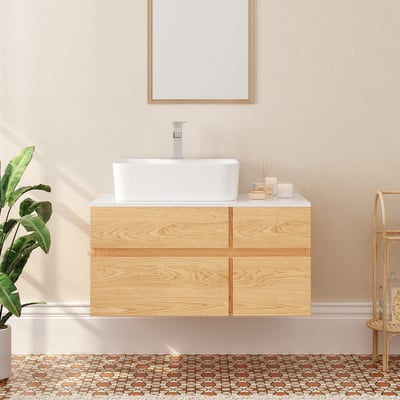 800mm Natural & White Floating Bathroom Vanity Faux Marble Top Ceramic Countertop Basin