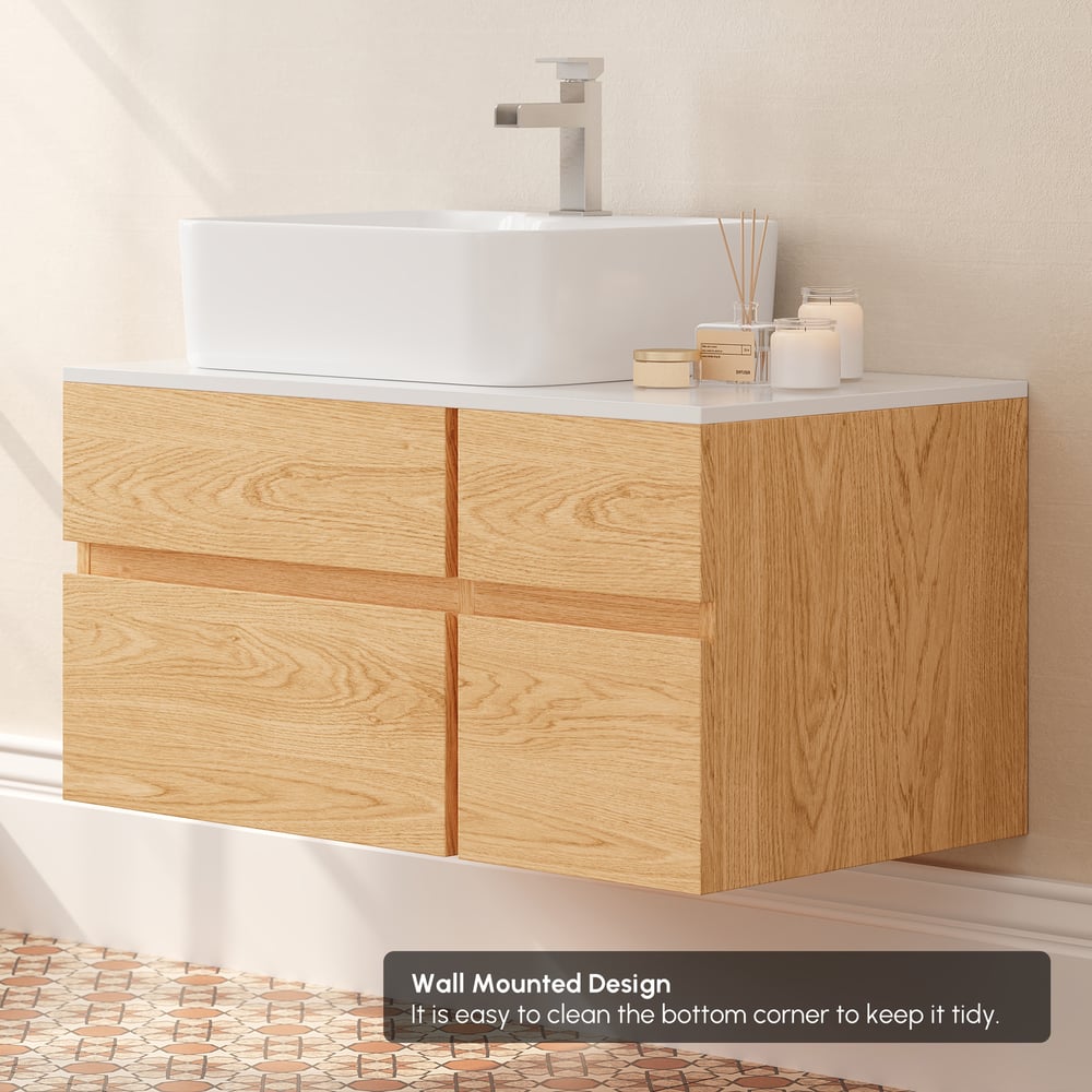 800mm Natural & White Floating Bathroom Vanity Faux Marble Top Ceramic Countertop Basin