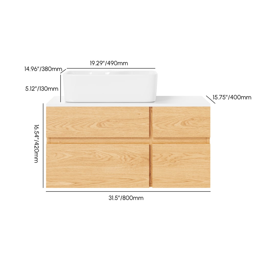 800mm Natural & White Floating Bathroom Vanity Faux Marble Top Ceramic Countertop Basin