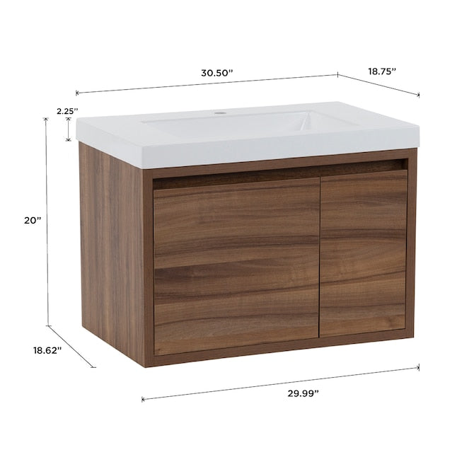 Diamond NOW Hollis 30-in Caramel Mist Brown Woodgrain Single Sink Floating Bathroom Vanity with White Cultured Marble Top