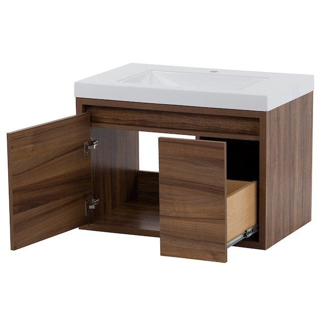 Diamond NOW Hollis 30-in Caramel Mist Brown Woodgrain Single Sink Floating Bathroom Vanity with White Cultured Marble Top
