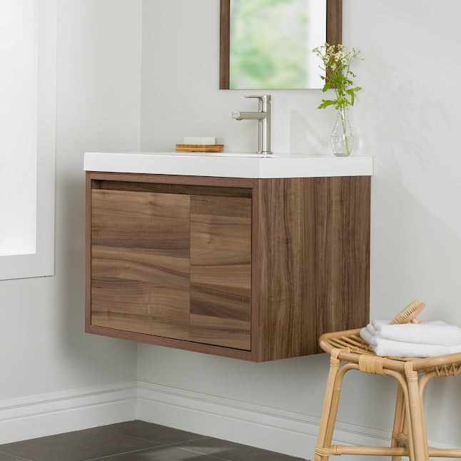 Diamond NOW Hollis 30-in Caramel Mist Brown Woodgrain Single Sink Floating Bathroom Vanity with White Cultured Marble Top
