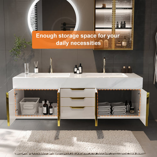 1500mm Wall Mounted Bathroom Vanity Faux Marble Top with Double Sink White