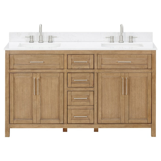 Allen + Roth Connery 60-in Golden Oak Undermount Double Sink Bathroom Vanity with White Engineered Stone Top