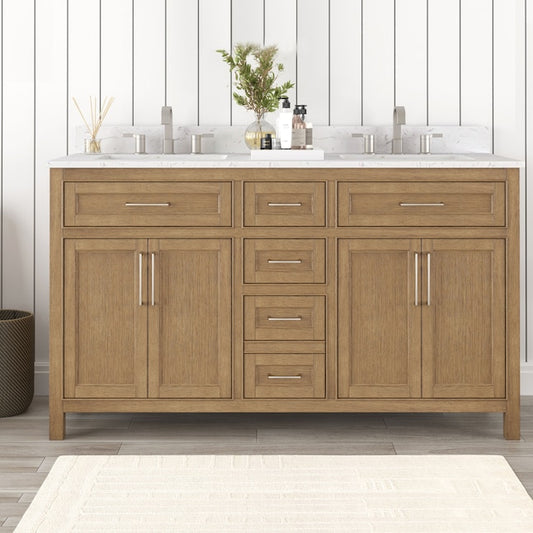 Allen + Roth Connery 60-in Golden Oak Undermount Double Sink Bathroom Vanity with White Engineered Stone Top